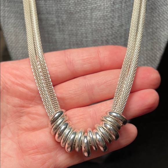 Vintage Multi Rings Double Mesh Chain Silver Tone Necklace - Picture 1 of 5